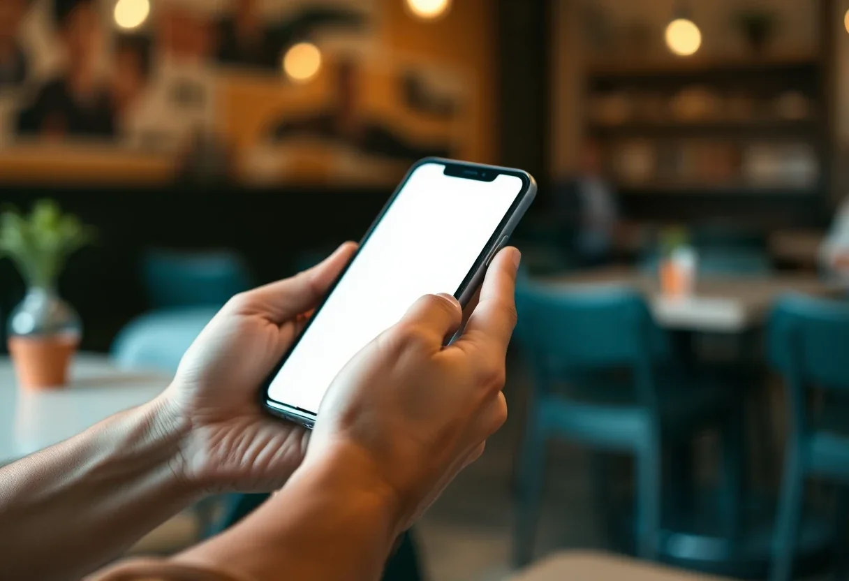 Mains tenant un téléphone à l'écran vierge